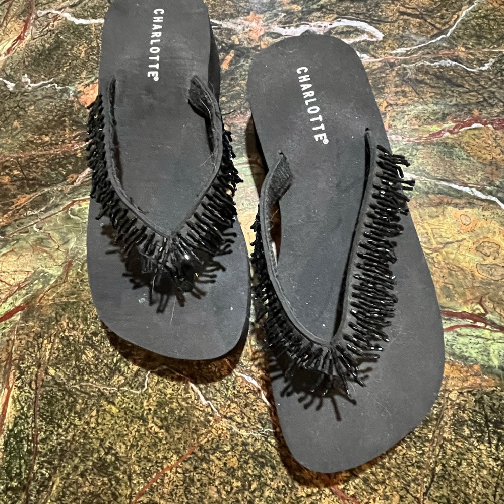 Charlotte Black Beaded Women's Flip Flops